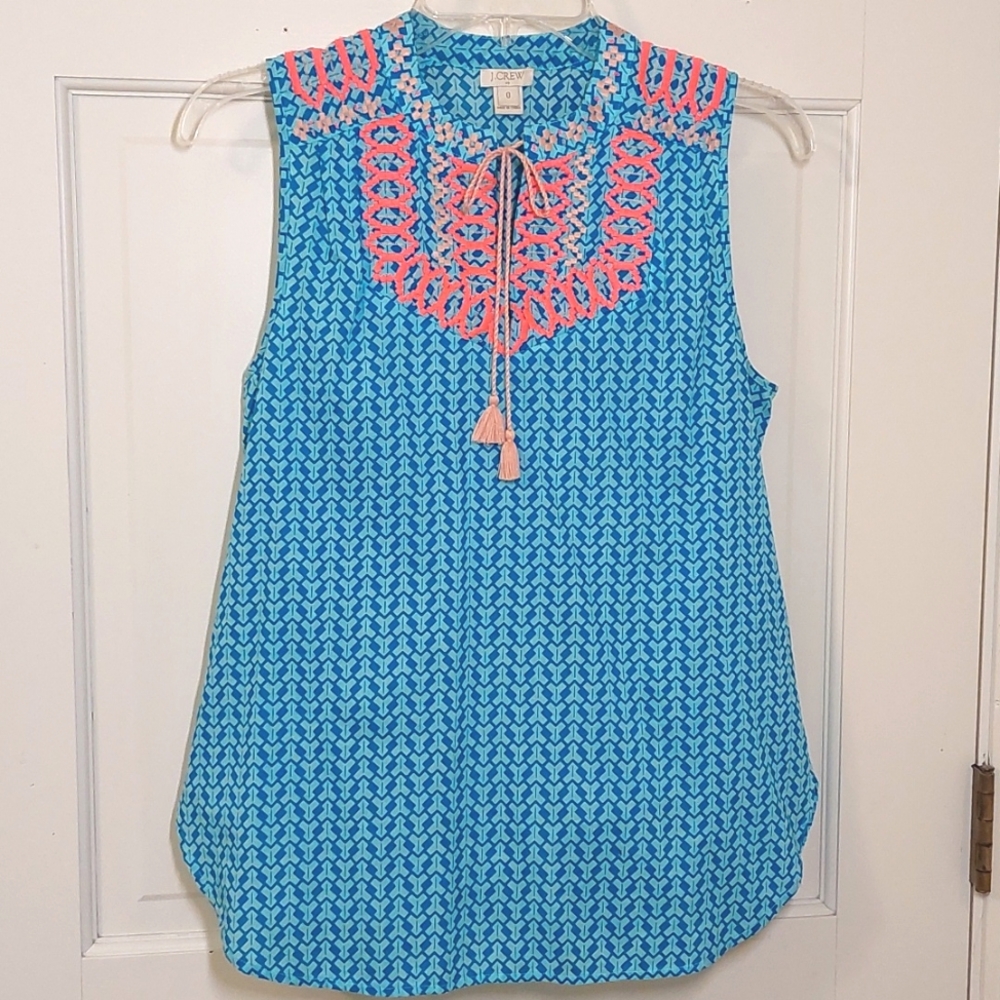J. Crew Geometric Print Embroidered Tassel Tie Top, Size 0 (runs big)